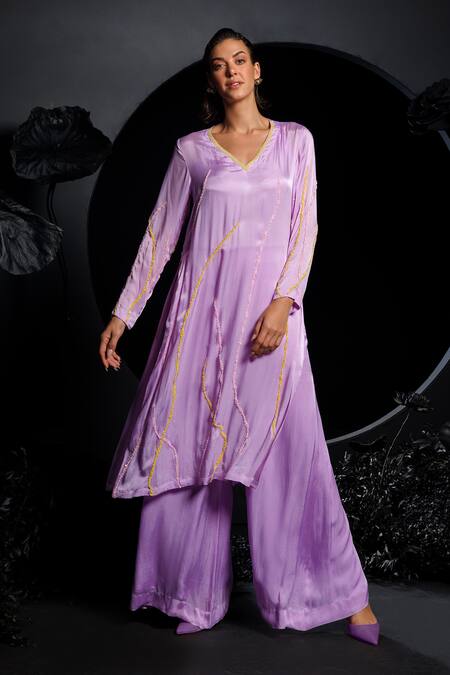 Shop Nautanky Purple Satin, Chiffon Sequins, Beads V-neck Lilac Embroidered Kurta Set Online at Aza Fashions Shop_Nautanky_Purple Satin, Chiffon Sequins, Beads V-neck Lilac Embroidered Kurta Set _Online_at_Aza_Fashions