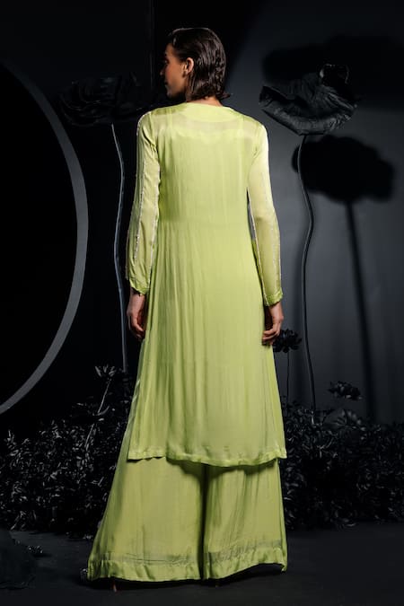 Shop Nautanky Green Satin, Chiffon Sequins, Beads V-neck Pista Embroidered Kurta Set at Aza Fashions Shop_Nautanky_Green Satin, Chiffon Sequins, Beads V-neck Pista Embroidered Kurta Set _at_Aza_Fashions