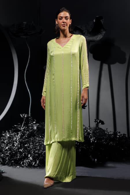 Nautanky Green Satin, Chiffon Sequins, Beads V-neck Pista Embroidered Kurta Set Online at Aza Fashions Nautanky_Green Satin, Chiffon Sequins, Beads V-neck Pista Embroidered Kurta Set _Online_at_Aza_Fashions