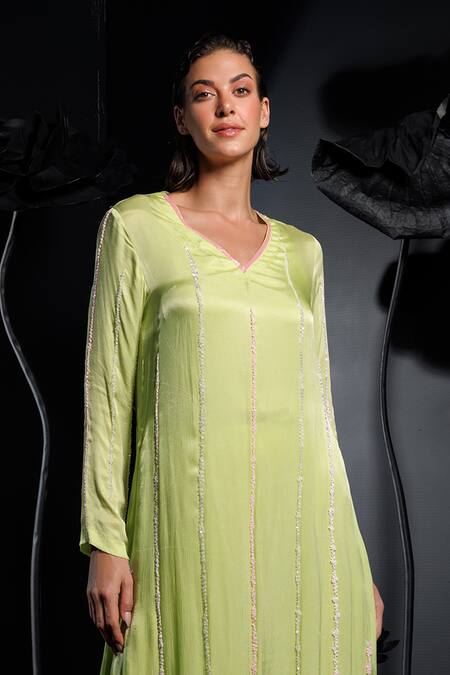 Buy Nautanky Green Satin, Chiffon Sequins, Beads V-neck Pista Embroidered Kurta Set Online at Aza Fashions Buy_Nautanky_Green Satin, Chiffon Sequins, Beads V-neck Pista Embroidered Kurta Set _Online_at_Aza_Fashions