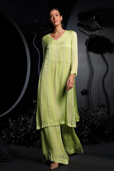 Shop Nautanky Green Satin, Chiffon Sequins, Beads V-neck Pista Embroidered Kurta Set Online at Aza Fashions Shop_Nautanky_Green Satin, Chiffon Sequins, Beads V-neck Pista Embroidered Kurta Set _Online_at_Aza_Fashions
