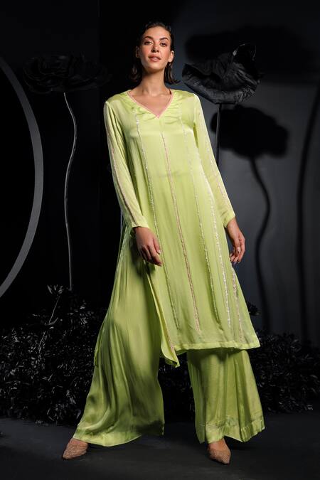 Buy Nautanky Green Satin, Chiffon Sequins, Beads V-neck Pista Embroidered Kurta Set Buy_Nautanky_Green Satin, Chiffon Sequins, Beads V-neck Pista Embroidered Kurta Set