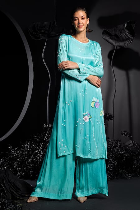 Shop Nautanky Aqua Satin, Chiffon Sequins, Beads Round Neck Floral Applique Kurta Set at Aza Fashions Shop_Nautanky_Aqua Satin, Chiffon Sequins, Beads Round Neck Floral Applique Kurta Set _at_Aza_Fashions