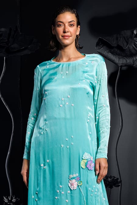 Buy Nautanky Aqua Satin, Chiffon Sequins, Beads Round Neck Floral Applique Kurta Set Online at Aza Fashions Buy_Nautanky_Aqua Satin, Chiffon Sequins, Beads Round Neck Floral Applique Kurta Set _Online_at_Aza_Fashions