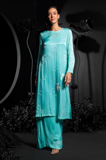 Shop Nautanky Aqua Satin, Chiffon Sequins, Beads Round Neck Floral Applique Kurta Set Online at Aza Fashions Shop_Nautanky_Aqua Satin, Chiffon Sequins, Beads Round Neck Floral Applique Kurta Set _Online_at_Aza_Fashions
