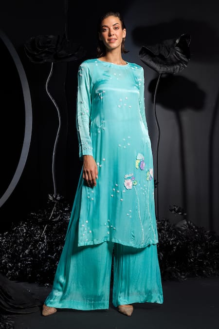 Nautanky Aqua Satin, Chiffon Sequins, Beads Round Neck Floral Applique Kurta Set at Aza Fashions Nautanky_Aqua Satin, Chiffon Sequins, Beads Round Neck Floral Applique Kurta Set _at_Aza_Fashions