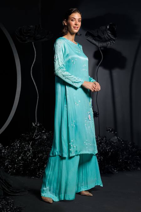 Buy Nautanky Aqua Satin, Chiffon Sequins, Beads Round Neck Floral Applique Kurta Set Buy_Nautanky_Aqua Satin, Chiffon Sequins, Beads Round Neck Floral Applique Kurta Set