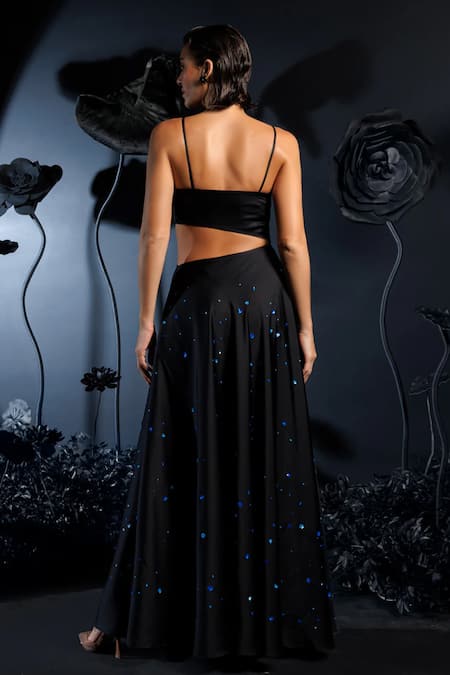 Shop_Nautanky_Black Satin Sequins, Beads Asymmetric Phoenix Motif Embroidered Maxi Dress _at_Aza_Fashions
