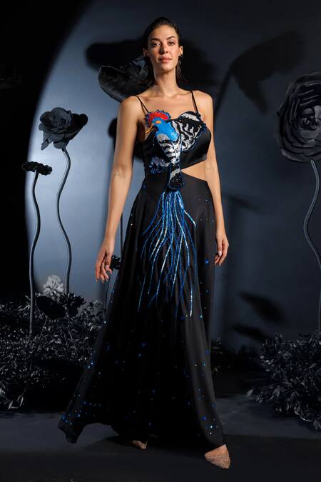 Nautanky_Black Satin Sequins, Beads Asymmetric Phoenix Motif Embroidered Maxi Dress _at_Aza_Fashions
