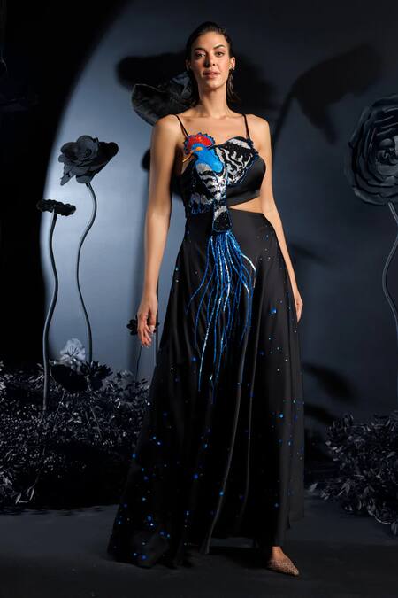 Buy_Nautanky_Black Satin Sequins, Beads Asymmetric Phoenix Motif Embroidered Maxi Dress 