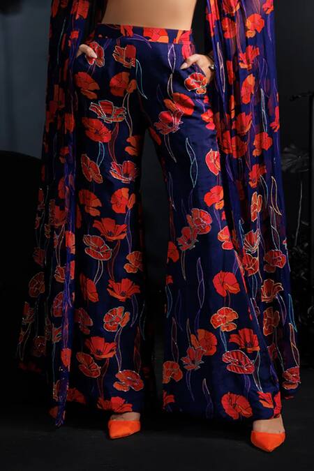 Nautanky_Purple Organza, Silk Sequins, Beads, Embroidery Floral Printed Cape And Pant Set _Online_at_Aza_Fashions