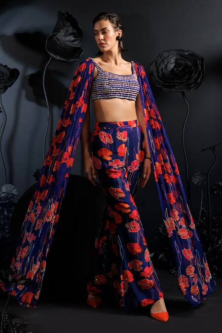 Buy_Nautanky_Purple Organza, Silk Sequins, Beads, Embroidery Floral Printed Cape And Pant Set _Online_at_Aza_Fashions
