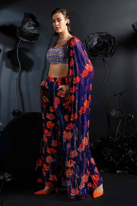 Shop_Nautanky_Purple Organza, Silk Sequins, Beads, Embroidery Floral Printed Cape And Pant Set _Online_at_Aza_Fashions