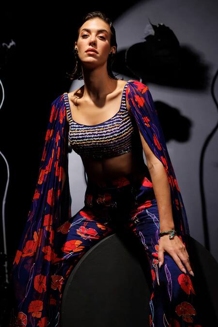 Nautanky_Purple Organza, Silk Sequins, Beads, Embroidery Floral Printed Cape And Pant Set _at_Aza_Fashions