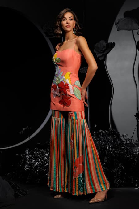Nautanky_Peach Silk, Satin Sequins, Beads Embroidered Tunic And Multi Stripe Sharara Set _Online_at_Aza_Fashions