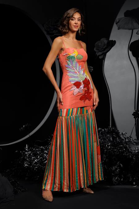 Buy_Nautanky_Peach Silk, Satin Sequins, Beads Embroidered Tunic And Multi Stripe Sharara Set _Online_at_Aza_Fashions