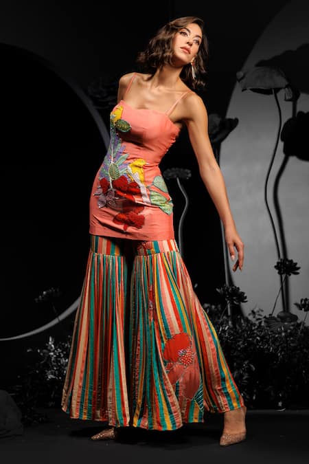 Nautanky_Peach Silk, Satin Sequins, Beads Embroidered Tunic And Multi Stripe Sharara Set _at_Aza_Fashions