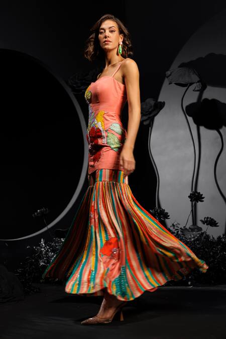 Buy_Nautanky_Peach Silk, Satin Sequins, Beads Embroidered Tunic And Multi Stripe Sharara Set 