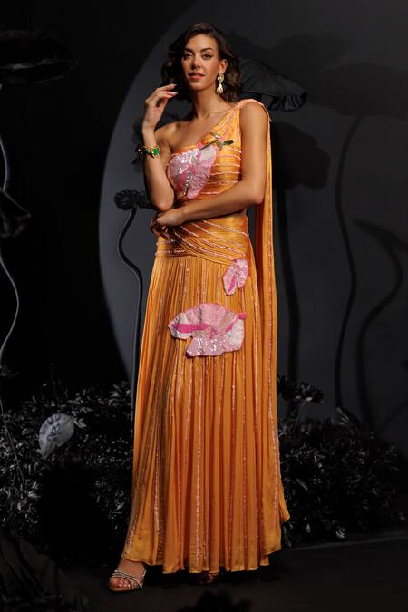 Nautanky_Yellow Satin, Chiffon Sequins, Beads, Mango Floral Embroidered Lehenga Set _Online_at_Aza_Fashions