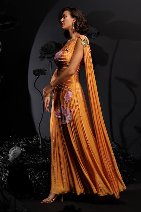 Buy_Nautanky_Yellow Satin, Chiffon Sequins, Beads, Mango Floral Embroidered Lehenga Set _Online_at_Aza_Fashions