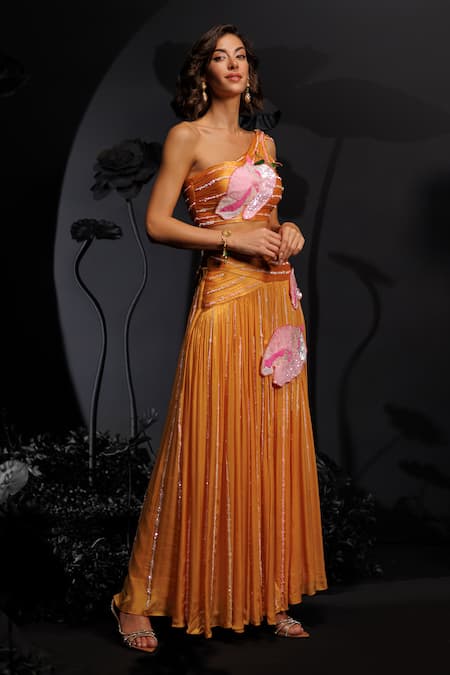 Shop_Nautanky_Yellow Satin, Chiffon Sequins, Beads, Mango Floral Embroidered Lehenga Set _Online_at_Aza_Fashions