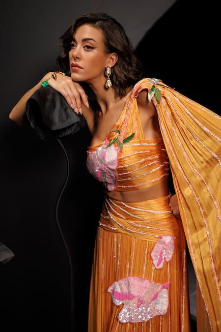 Nautanky_Yellow Satin, Chiffon Sequins, Beads, Mango Floral Embroidered Lehenga Set _at_Aza_Fashions