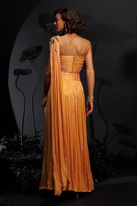 Shop_Nautanky_Yellow Satin, Chiffon Sequins, Beads, Mango Floral Embroidered Lehenga Set _at_Aza_Fashions