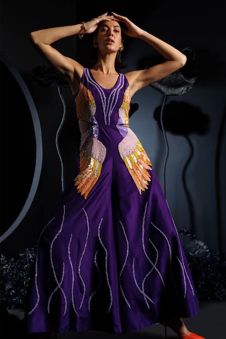 Nautanky Purple Feather Embroidered Jumpsuit 