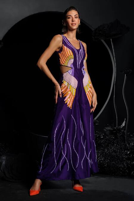Nautanky Purple Silk Sequins, Beads Round Neck Feather Embroidered Jumpsuit Online at Aza Fashions Nautanky_Purple Silk Sequins, Beads Round Neck Feather Embroidered Jumpsuit _Online_at_Aza_Fashions