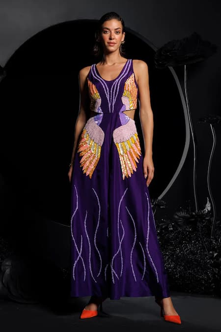 Buy Nautanky Purple Silk Sequins, Beads Round Neck Feather Embroidered Jumpsuit Online at Aza Fashions Buy_Nautanky_Purple Silk Sequins, Beads Round Neck Feather Embroidered Jumpsuit _Online_at_Aza_Fashions
