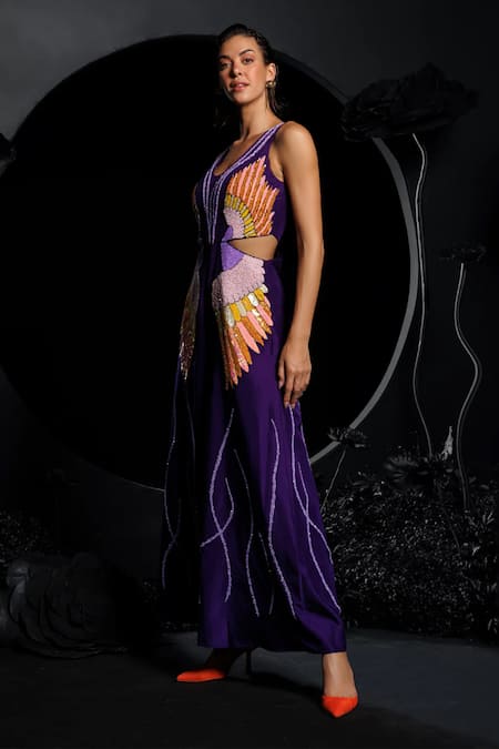Shop Nautanky Purple Silk Sequins, Beads Round Neck Feather Embroidered Jumpsuit Online at Aza Fashions Shop_Nautanky_Purple Silk Sequins, Beads Round Neck Feather Embroidered Jumpsuit _Online_at_Aza_Fashions
