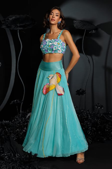 Nautanky_Aqua Satin, Chiffon Sequins, Beads, Embroidery Square Neck Blue 3d Lehenga Set _Online_at_Aza_Fashions