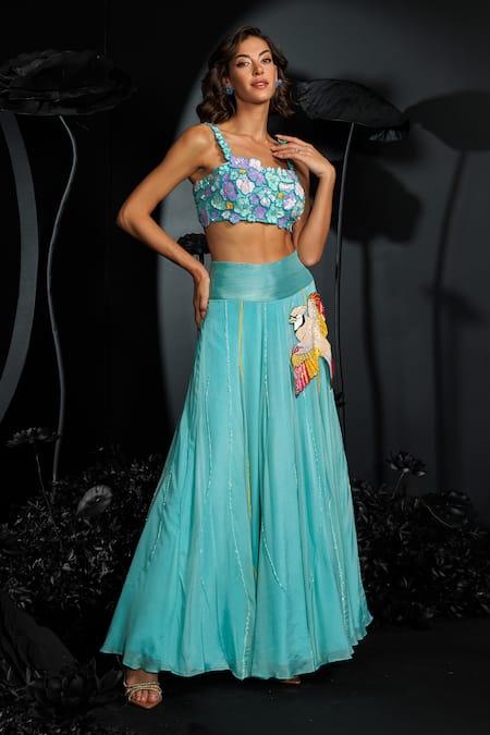 Buy_Nautanky_Aqua Satin, Chiffon Sequins, Beads, Embroidery Square Neck Blue 3d Lehenga Set _Online_at_Aza_Fashions