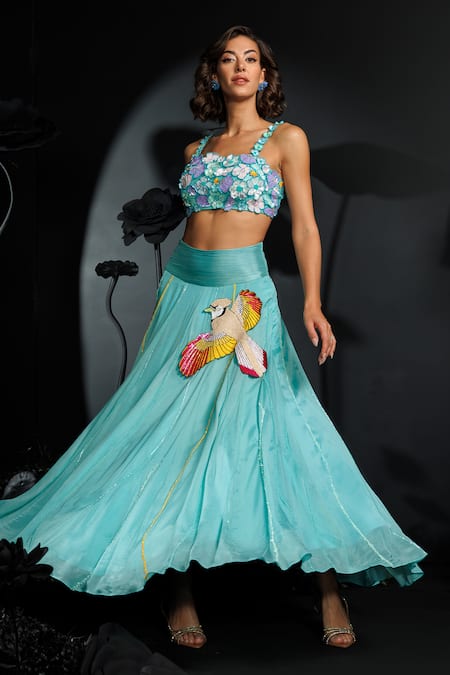Shop_Nautanky_Aqua Satin, Chiffon Sequins, Beads, Embroidery Square Neck Blue 3d Lehenga Set _Online_at_Aza_Fashions