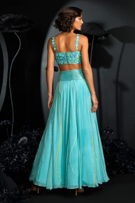 Shop_Nautanky_Aqua Satin, Chiffon Sequins, Beads, Embroidery Square Neck Blue 3d Lehenga Set _at_Aza_Fashions