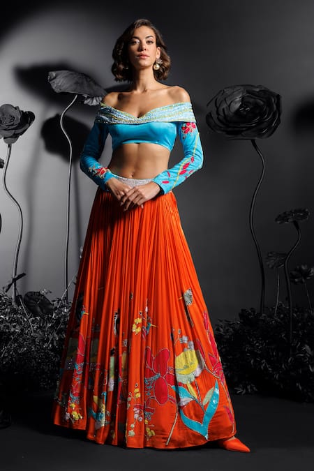 Nautanky_Blue Satin, Chiffon Sequins, Beads, Embroidery 3d Hand Orange Lehenga And Blouse _Online_at_Aza_Fashions