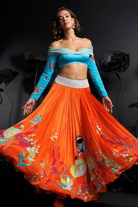 Buy_Nautanky_Blue Satin, Chiffon Sequins, Beads, Embroidery 3d Hand Orange Lehenga And Blouse _Online_at_Aza_Fashions