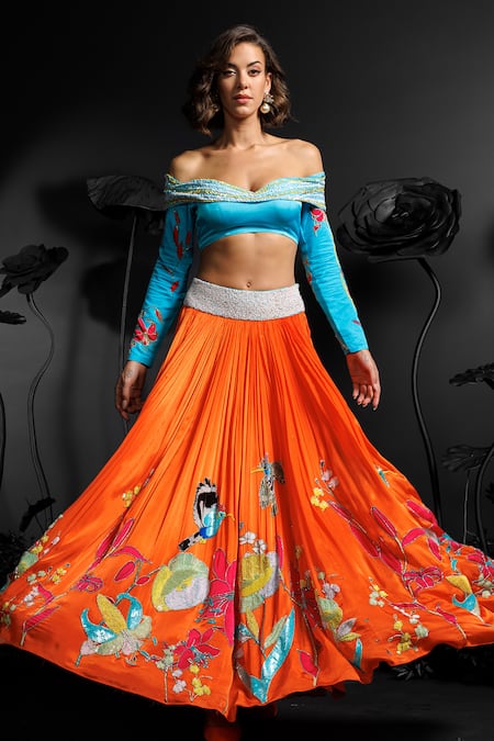 Shop_Nautanky_Blue Satin, Chiffon Sequins, Beads, Embroidery 3d Hand Orange Lehenga And Blouse _Online_at_Aza_Fashions