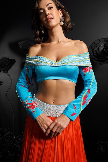 Nautanky_Blue Satin, Chiffon Sequins, Beads, Embroidery 3d Hand Orange Lehenga And Blouse _at_Aza_Fashions