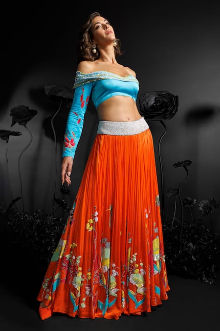 Shop_Nautanky_Blue Satin, Chiffon Sequins, Beads, Embroidery 3d Hand Orange Lehenga And Blouse _at_Aza_Fashions