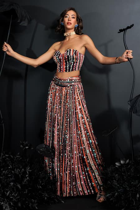 Nautanky Multi Color Satin, Chiffon Sequins, Cut Work, Floral Stripe Hand Lehenga Set Online at Aza Fashions Nautanky_Multi Color Satin, Chiffon Sequins, Cut Work, Floral Stripe Hand Lehenga Set _Online_at_Aza_Fashions