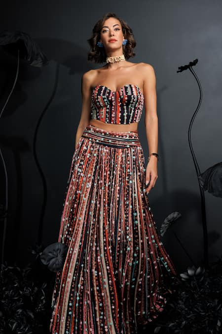 Buy Nautanky Multi Color Satin, Chiffon Sequins, Cut Work, Floral Stripe Hand Lehenga Set Online at Aza Fashions Buy_Nautanky_Multi Color Satin, Chiffon Sequins, Cut Work, Floral Stripe Hand Lehenga Set _Online_at_Aza_Fashions