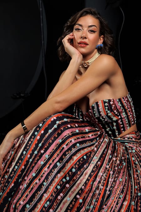 Nautanky Multi Color Satin, Chiffon Sequins, Cut Work, Floral Stripe Hand Lehenga Set at Aza Fashions Nautanky_Multi Color Satin, Chiffon Sequins, Cut Work, Floral Stripe Hand Lehenga Set _at_Aza_Fashions