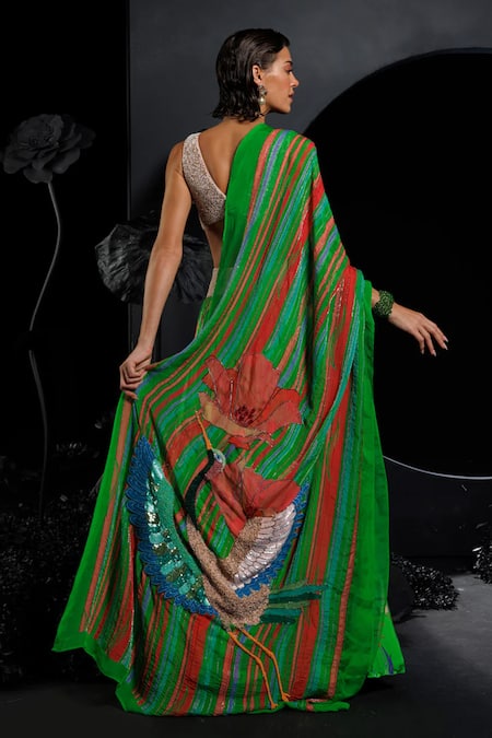 Shop_Nautanky_Beige Organza, Satin, Chiffon Sequins, Beads, Crane Green Lehenga Set _at_Aza_Fashions