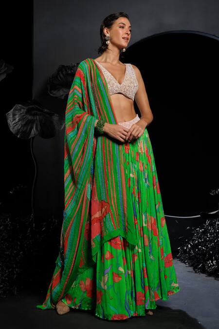 Nautanky_Beige Organza, Satin, Chiffon Sequins, Beads, Crane Green Lehenga Set _Online_at_Aza_Fashions