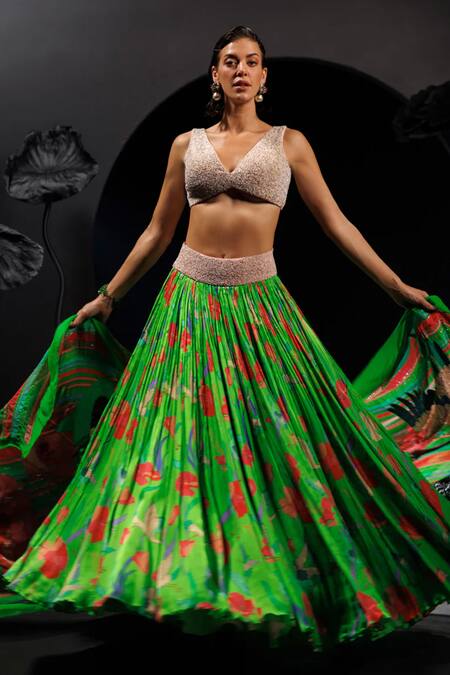 Buy_Nautanky_Beige Organza, Satin, Chiffon Sequins, Beads, Crane Green Lehenga Set _Online_at_Aza_Fashions