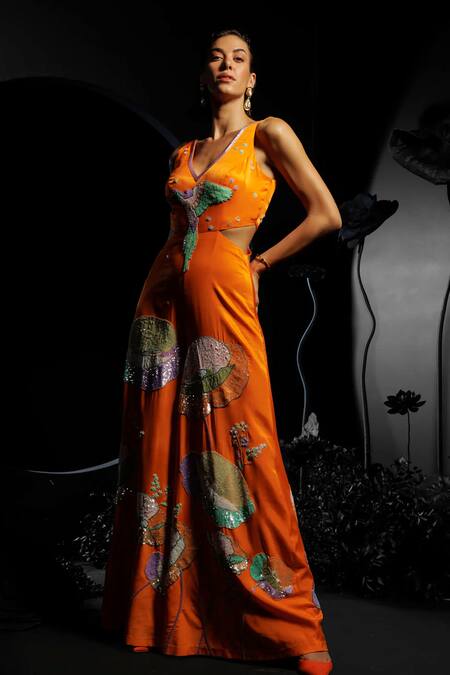 Shop Nautanky Orange Satin, Chiffon Sequins, Beads V-neck Hand Embroidered Jumpsuit Online at Aza Fashions Shop_Nautanky_Orange Satin, Chiffon Sequins, Beads V-neck Hand Embroidered Jumpsuit _Online_at_Aza_Fashions