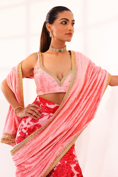 Buy_Sanam_Pink Velvet Embroidery, Zari, Beads Open Neck Floral Print Sharara Saree Set _Online_at_Aza_Fashions