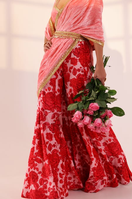Shop_Sanam_Pink Velvet Embroidery, Zari, Beads Open Neck Floral Print Sharara Saree Set _Online_at_Aza_Fashions
