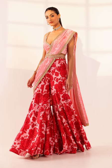 Sanam_Pink Velvet Embroidery, Zari, Beads Open Neck Floral Print Sharara Saree Set _at_Aza_Fashions